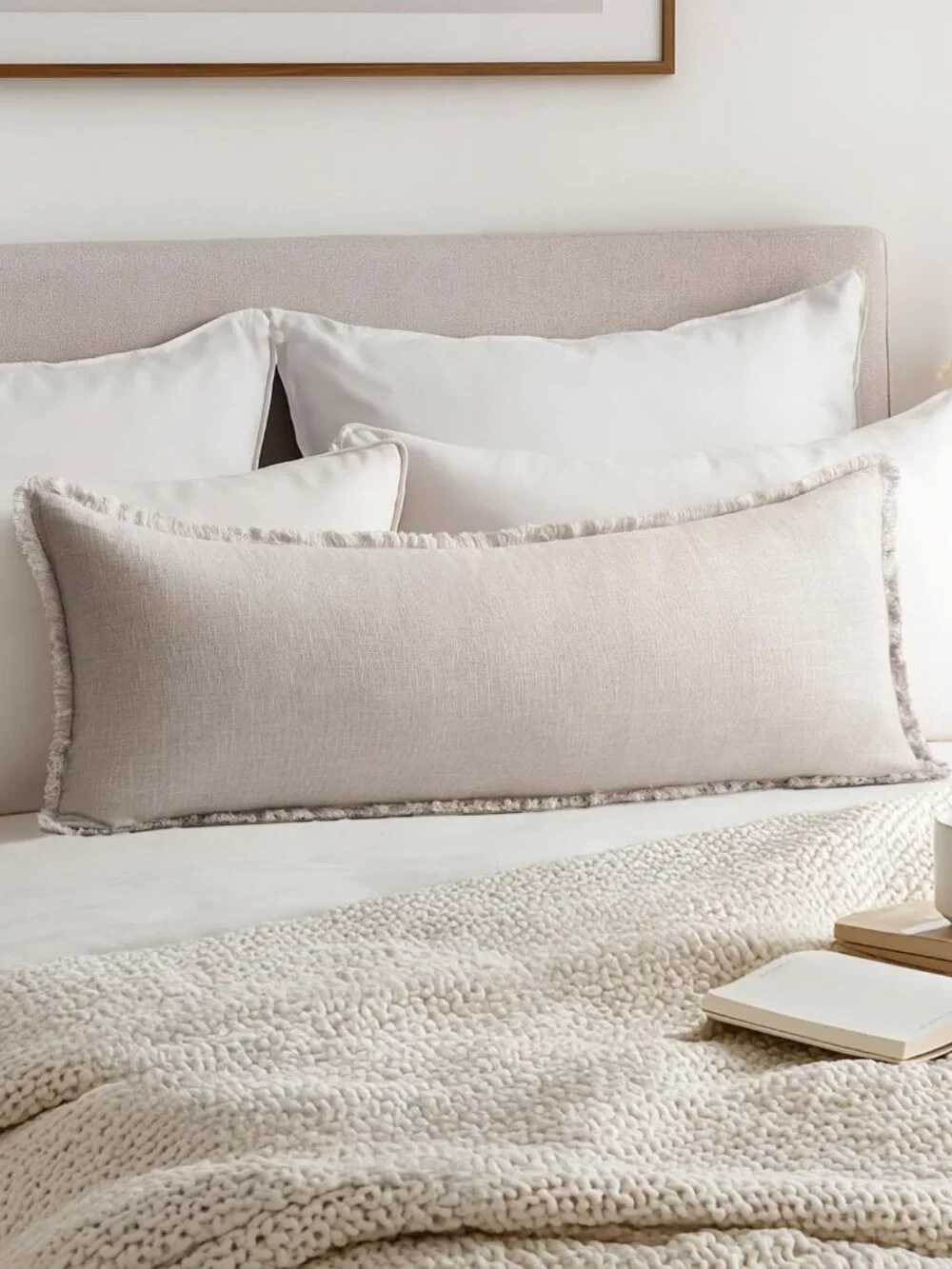 🪷NIB Decorative Throw Pillow Cover Neutral Linen Fringe, 14 X 36, set of 1 - Picture 2 of 6
